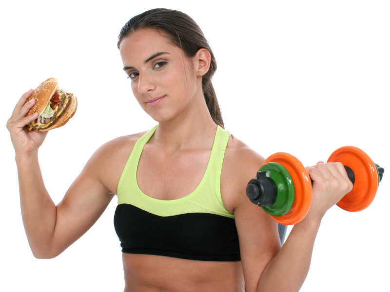Beautiful Teen Girl Holding Colorful Weights and a Giant Cheeseburger.  Shots with the Canon 20D.