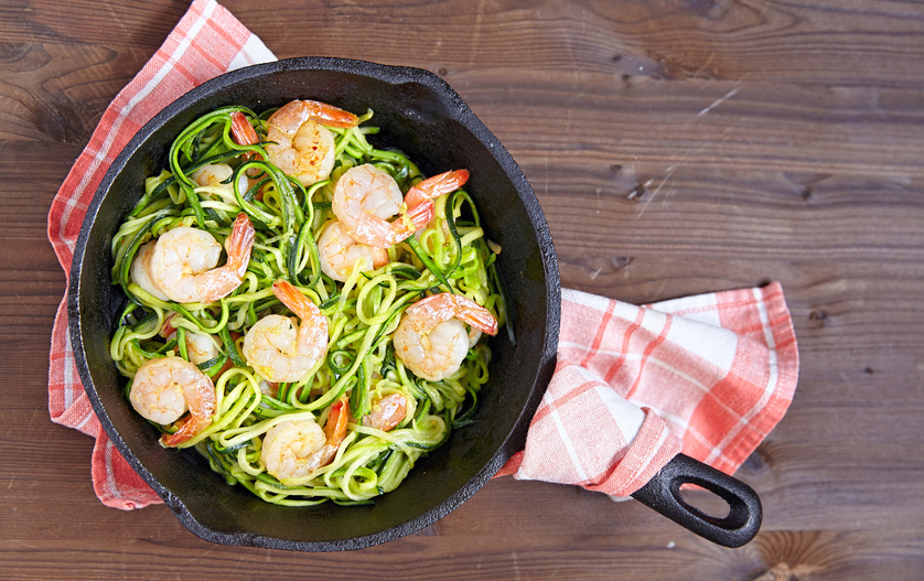 Low carb zucchini spaghetti with shrimp in a pan