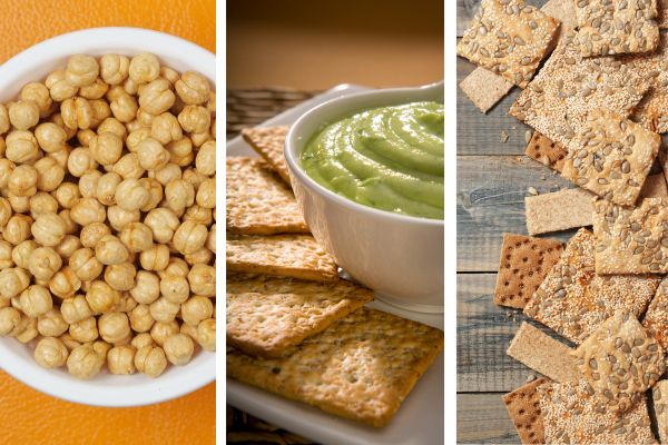 Crunchy heart healthy snacks including roasted chickpeas, crackers with dip, and whole-grain crispbread