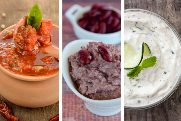 Heart healthy dips including salsa, bean dip, and tzatziki