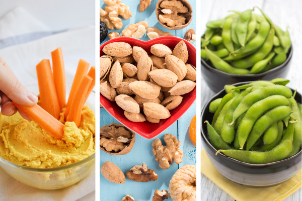 All-natural heart healthy snacks including hummus with carrots, edamame, and nuts