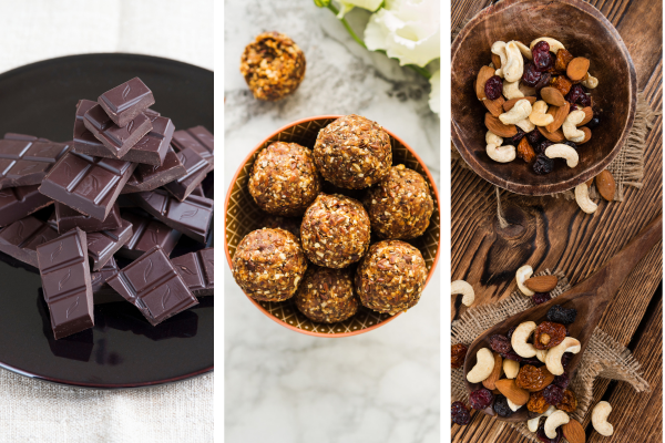 Sweet heart healthy snacks including dark chocolate, energy bites, and homemade trail mix
