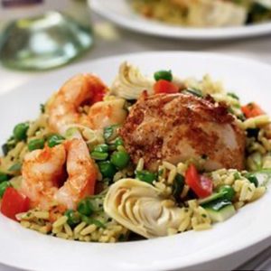 Fresh Direct, chicken and shrimp with rice, vegetables 