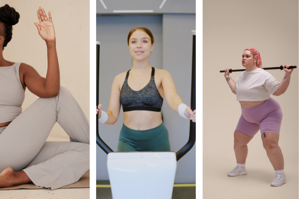 Three women doing different forms of exercise including yoga, cardio, and strength training, highlighting movement diversity for PCOS management