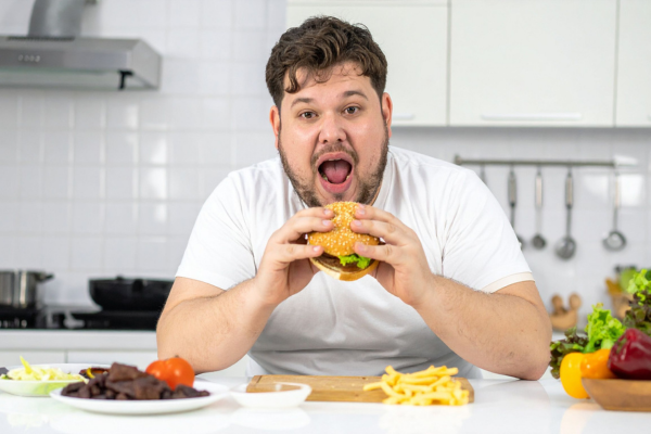 Man about to eat a burger and fries at a kitchen counter surrounded by fast food and vegetables