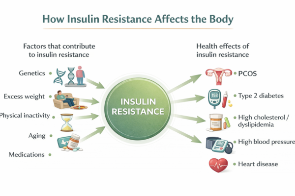 Diagram showing factors that contribute to insulin resistance and the health effects, including PCOS, type 2 diabetes, high cholesterol, high blood pressure and heart disease.