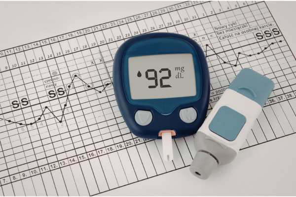 Glucose meter showing normal blood sugar reading illustrating how insulin resistance can occur even when blood glucose appears normal.