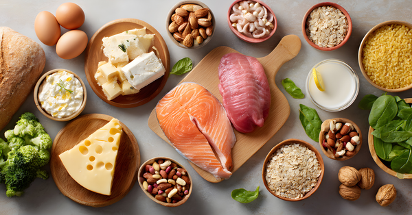 High-protein foods like salmon, eggs, chicken, nuts, cheese, and yogurt to support muscle maintenance and healthy aging