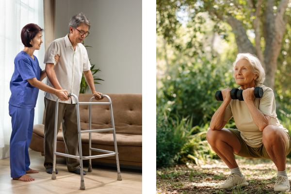 Side-by-side images of an older man using a walker and a strong older woman doing squats with dumbbells, showing the contrast between muscle loss and healthy aging.
