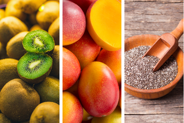 Foods that support constipation relief including green kiwi, mango, and chia seeds