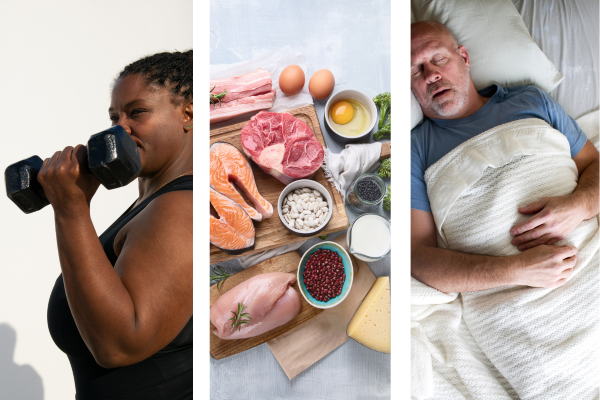 Composite image representing lifestyle factors that support weight loss while using GLP-1 medication, including nutrition, strength training, and sleep