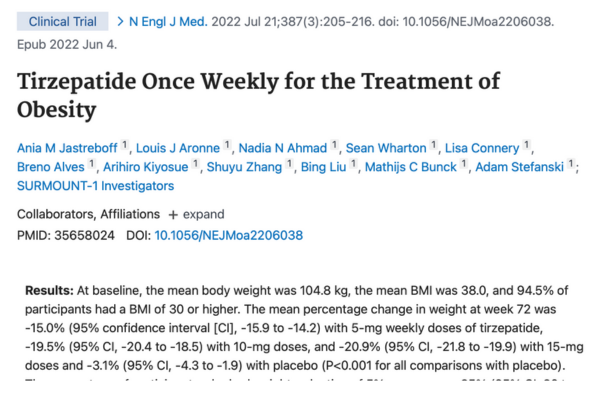Screenshot of New England Journal of Medicine clinical trial results showing percent body weight loss with tirzepatide in adults with obesity
