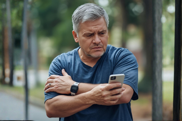 Man looking concerned while reviewing continuous glucose monitor data on his smartphone