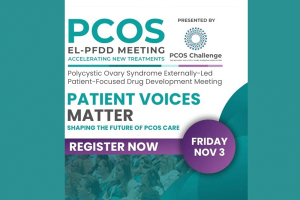 Graphic promoting the PCOS Challenge patient-focused drug development meeting focused on accelerating new PCOS treatments and patient advocacy.